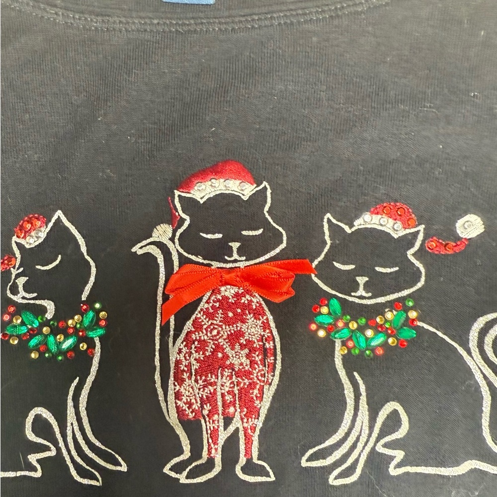 Vintage Karen Scott Christmas Cats Bejeweled Long Sleeve T Shirt 100% Cotton - Picture 2 of 5